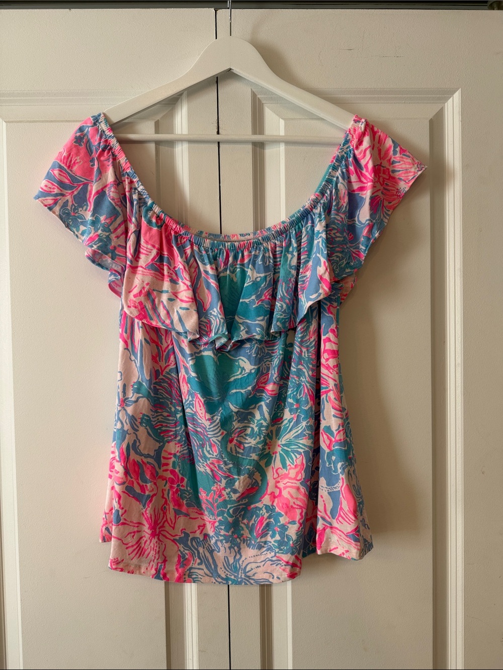 Lilly Pulitzer Pink & Teal Off-Shoulder Ruffle Tunic